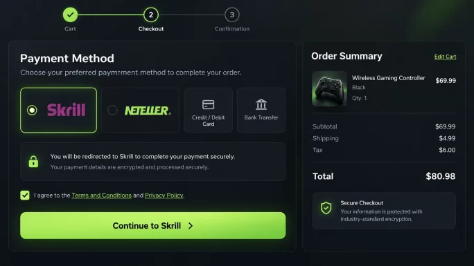 Choosing Skrill as the payment method at checkout