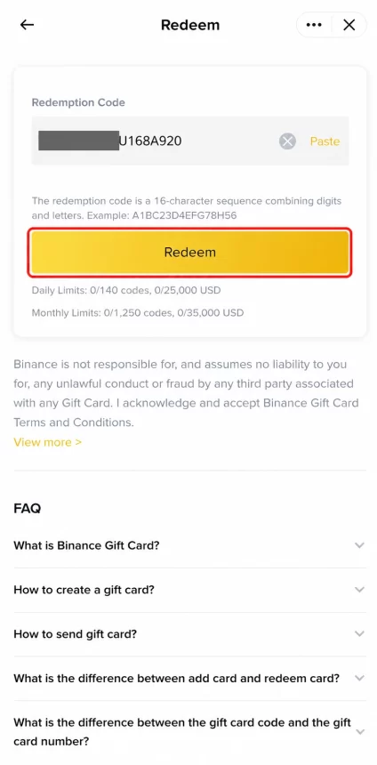 Entering a 16-character Binance Gift Card redemption code