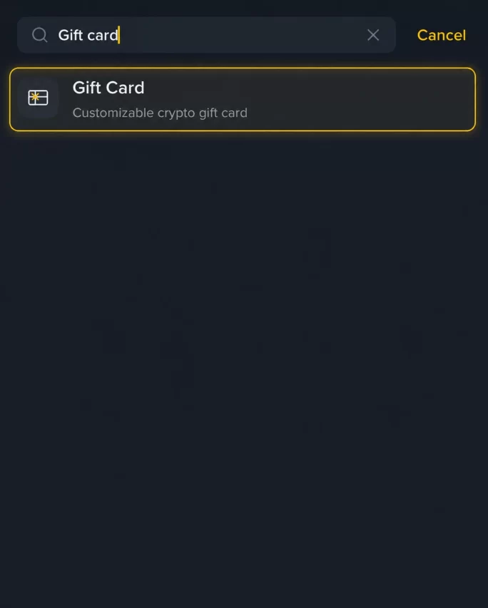 Searching for Gift Card in the Binance app