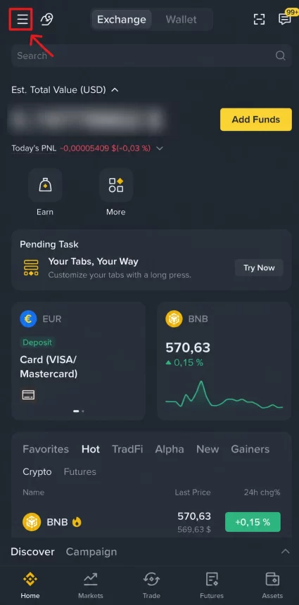 Opening the menu in the Binance app