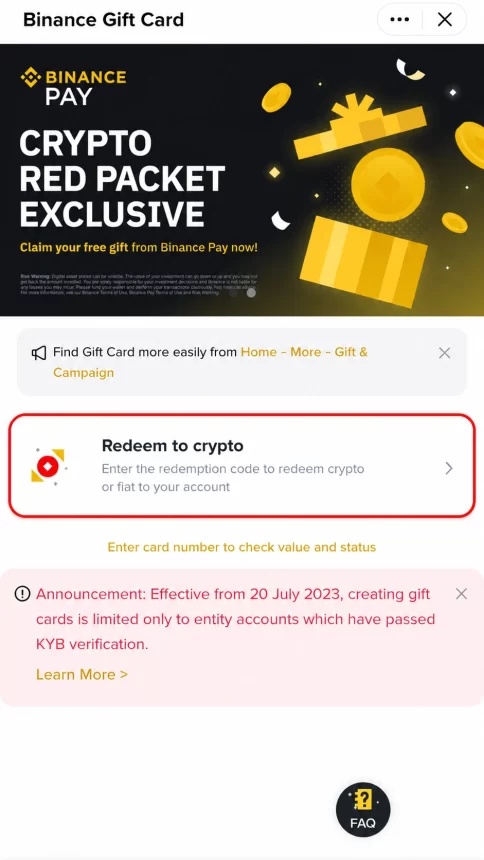 Choosing Redeem to crypto in the Binance app