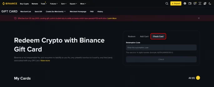Checking a Binance Gift Card balance by card number