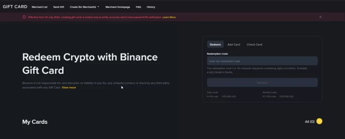 The Binance Gift Card page on desktop