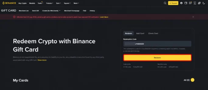 Redeeming a Binance Gift Card code on the Binance website