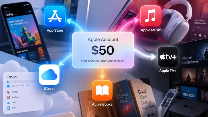 Apple Account balance covering App Store, Music, TV Plus and iCloud