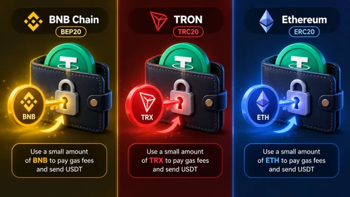 You need a small amount of BNB, TRX or ETH to send USDT from your own wallet