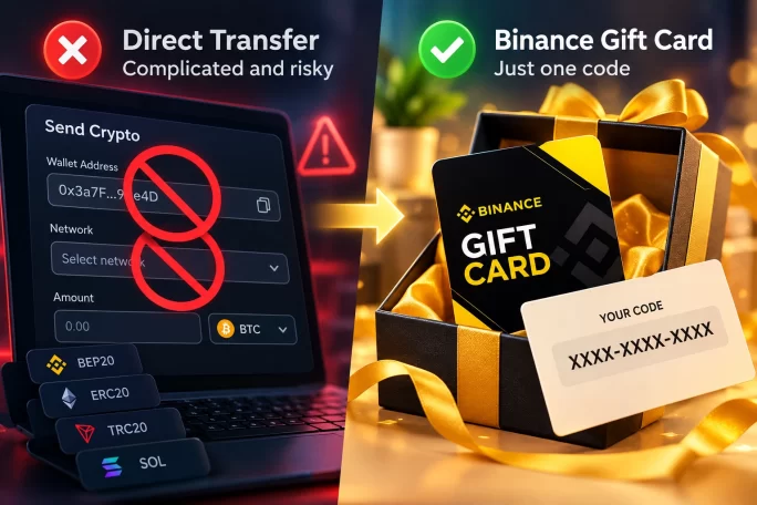 A gift card replaces a wallet address and network choice with a single code