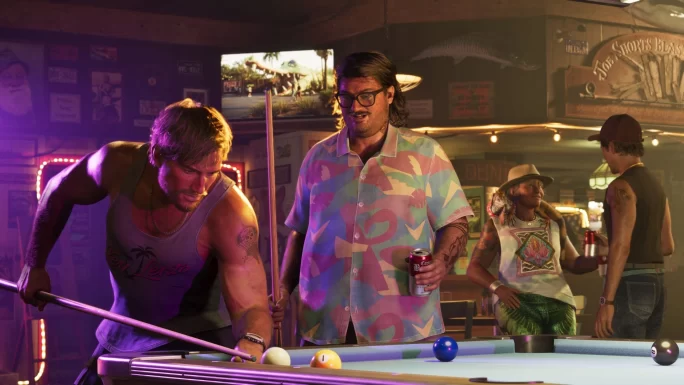 Grand Theft Auto VI screenshot — characters playing pool in a Vice City bar