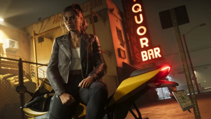 Grand Theft Auto VI screenshot — Lucia outside a bar in Vice City at night