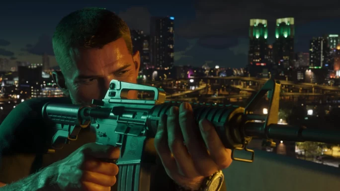 Grand Theft Auto VI screenshot — Jason aiming a rifle over the Vice City skyline at night