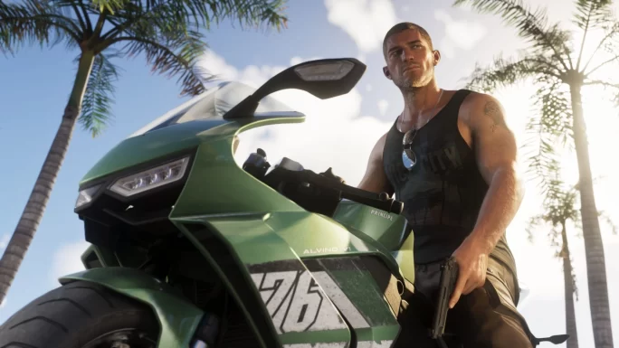 Grand Theft Auto VI screenshot — Jason on a motorcycle in Vice City