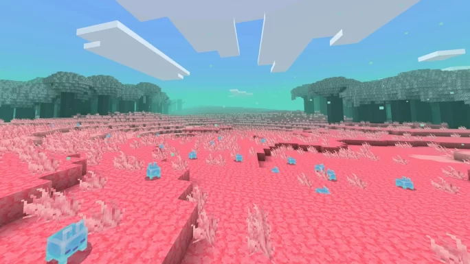 Pink grass and glowing Blubs across a meadow in The Sift, the new Minecraft dimension