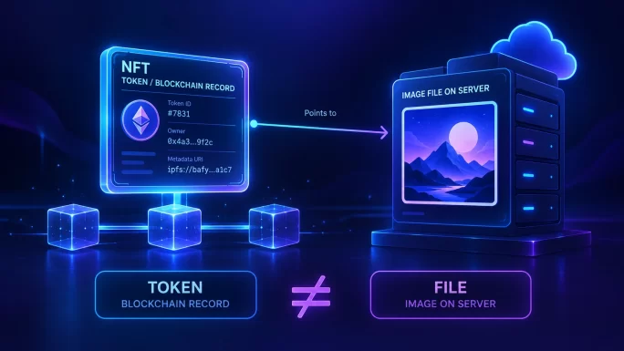 The blockchain holds the token and a link, while the file lives elsewhere