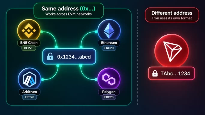 One 0x address works across BEP20, ERC20 and Arbitrum, while Tron uses its own