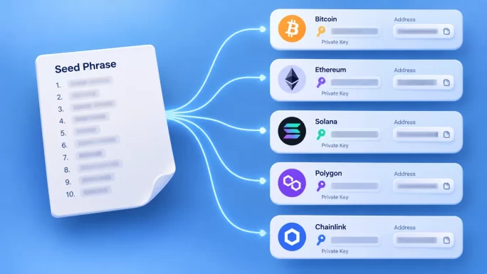One seed phrase derives every private key and address in the wallet