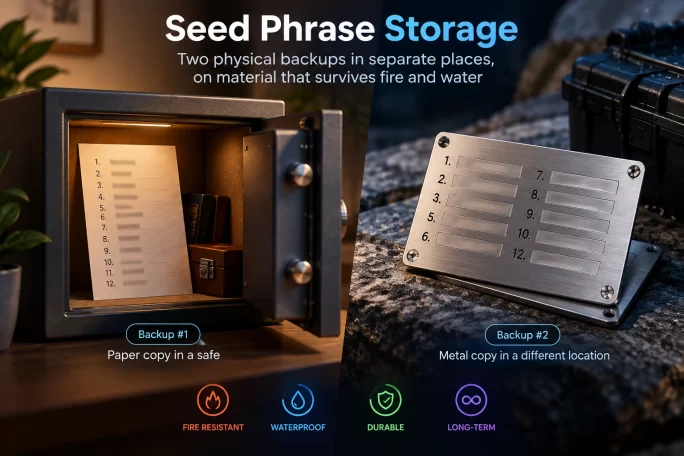 Two physical backups in separate places, on material that survives fire and water