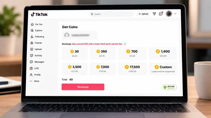 TikTok Coins recharge page on the TikTok website with a custom amount option