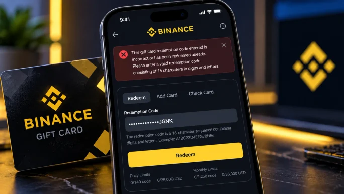 Binance gift card redeem error message on the Redeem screen