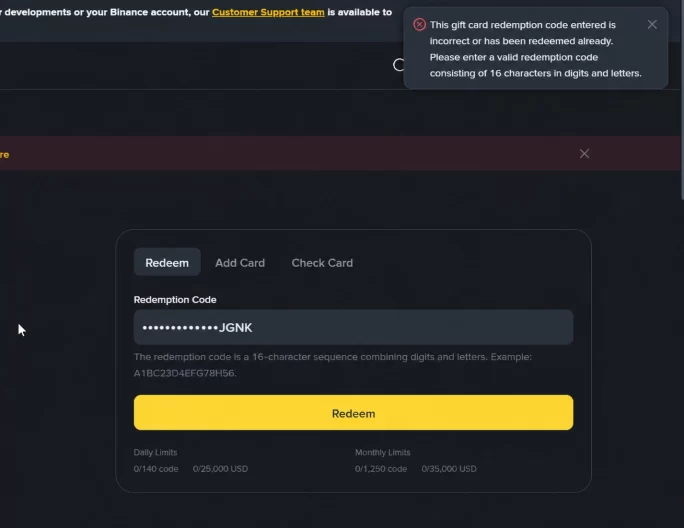 Binance gift card redeem error when the code is invalid or already used