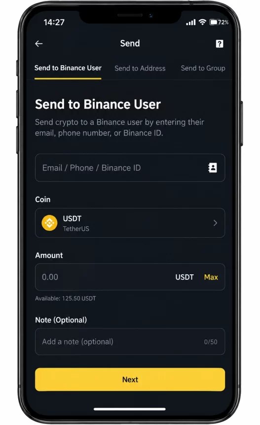 Binance Pay Send to Binance User screen with email, phone and Binance ID