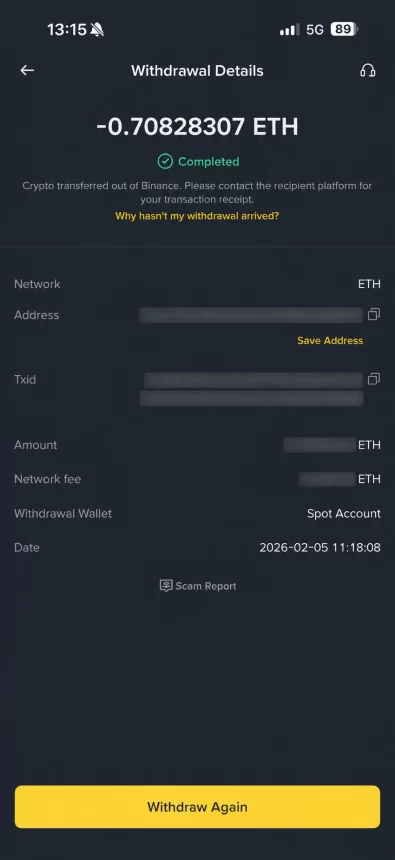 Binance withdrawal screen with address and network fields
