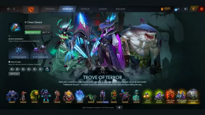 Dota 2 Trove of Terror treasure screen with all Immortal sets, Drow Ranger and Tidehunter Arcanas