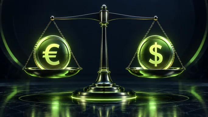 Euro stablecoin and dollar stablecoin on a balance scale