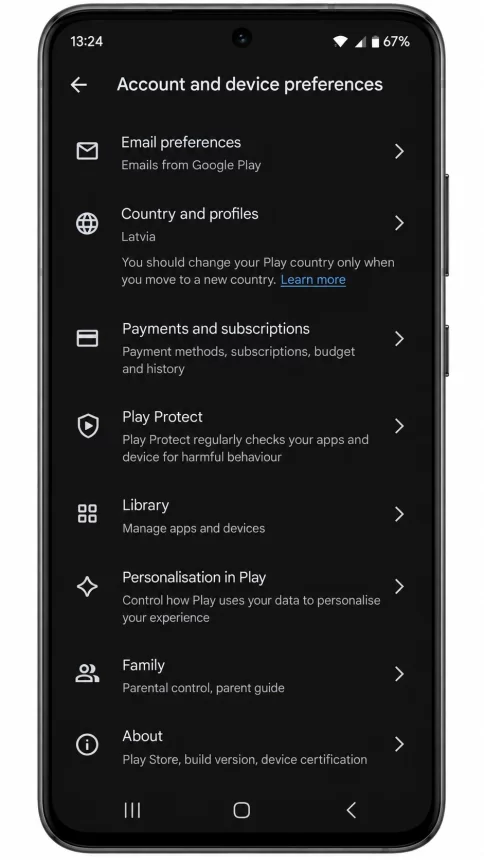 Google Play Country and profiles setting in the Play Store