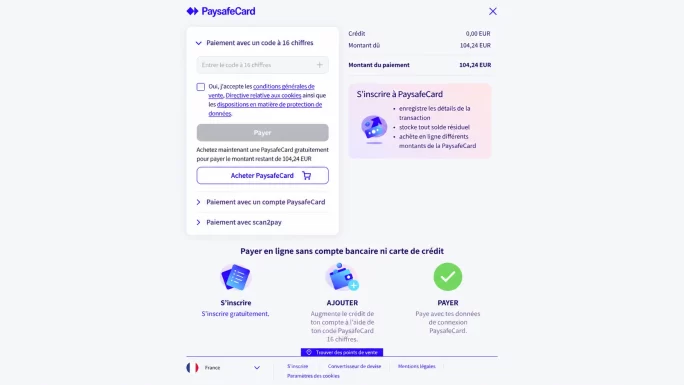 Paysafecard payment page showing the region at the bottom