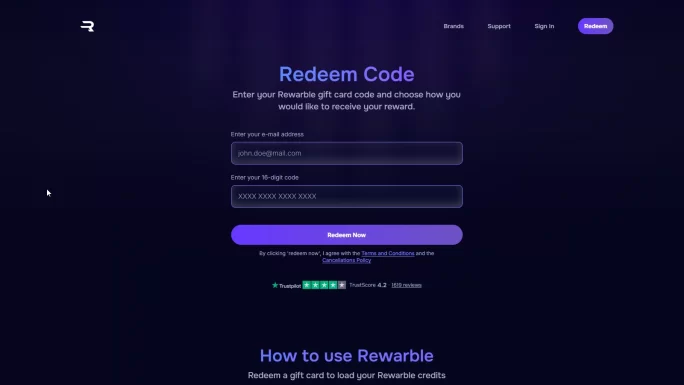 Rewarble redeem page with email and 16-digit code fields