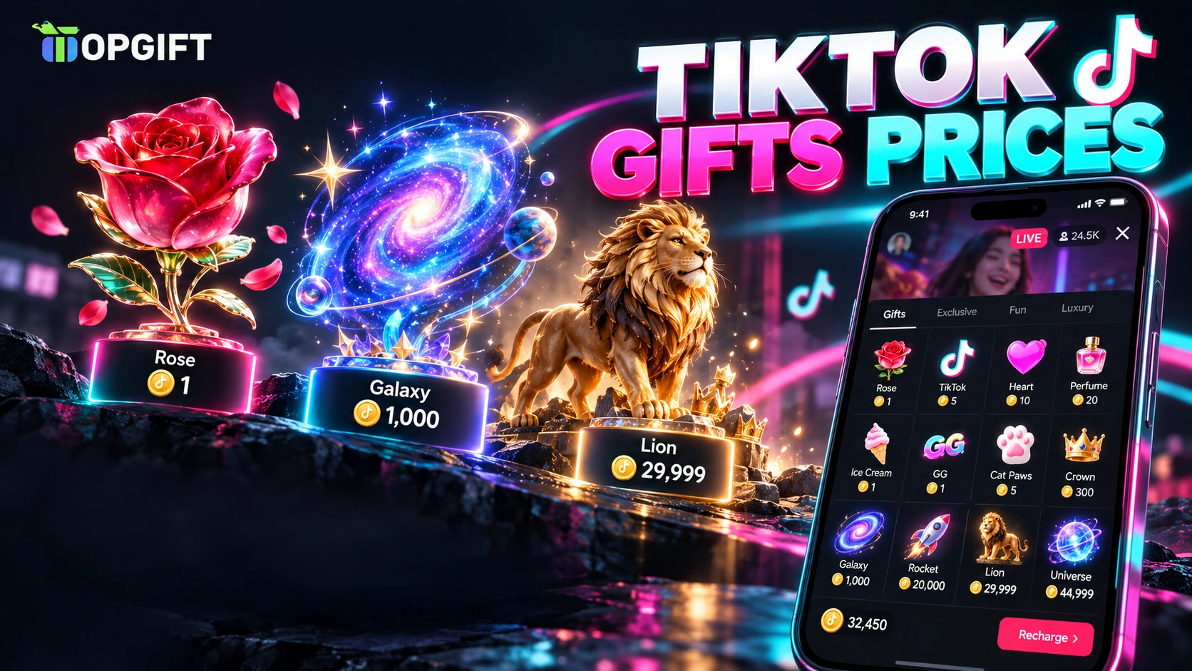 TikTok gifts price list with Rose, Galaxy, Lion and Universe
