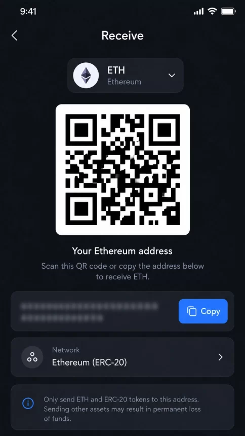 Wallet app showing a receive address and QR code